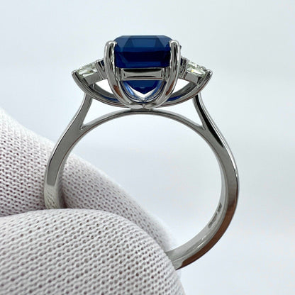 4 Carat Emerald Cut Ceylon Blue Sapphire & Diamond Platinum Three Stone Ring