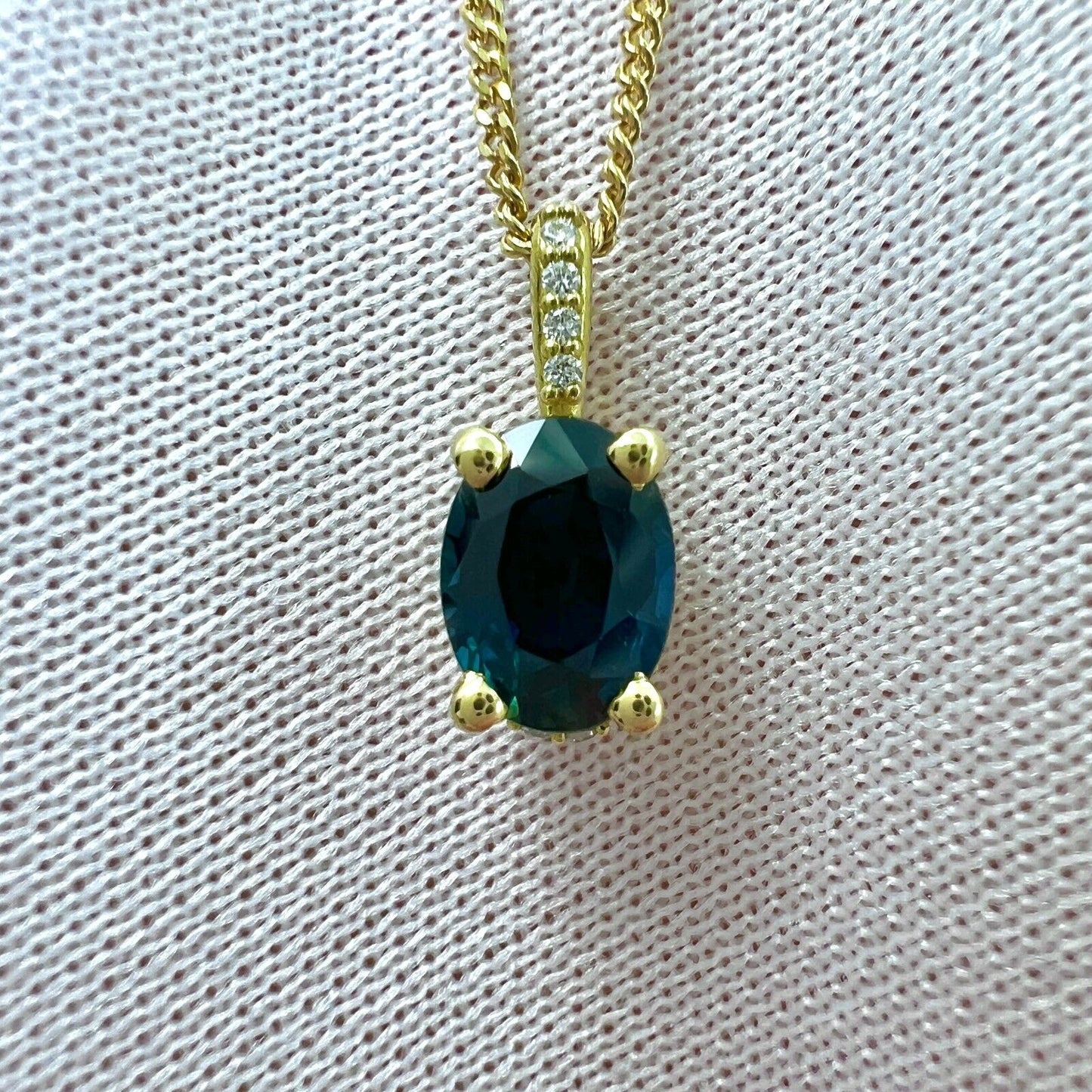 1 Carat Deep Blue Sapphire Diamond 18k Yellow Gold Hidden Halo Pendant Necklace