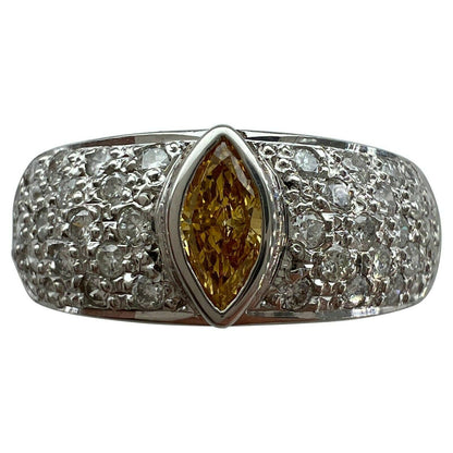 Natural Fancy VIVID Orange Yellow Marquise Cut Diamond Platinum Pave Band Ring