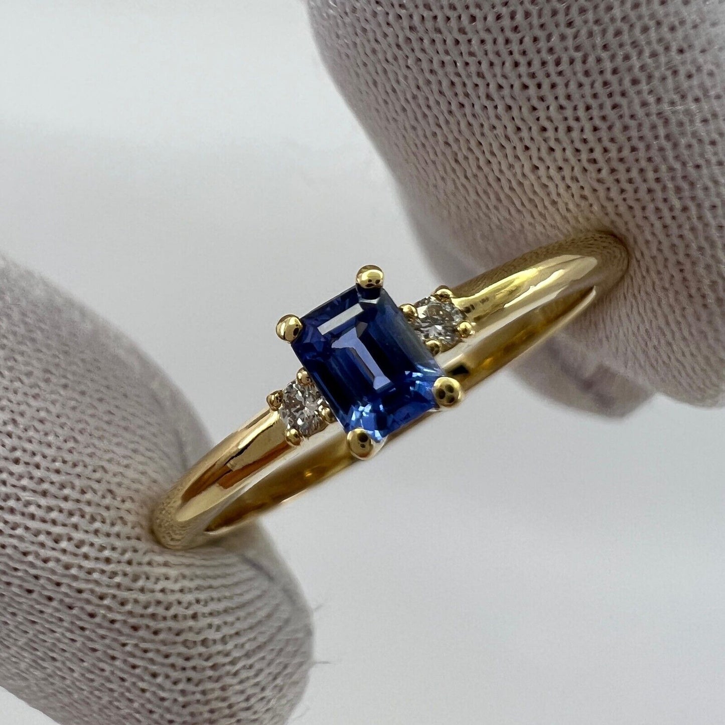 Delicate Ceylon Blue Emerald Cut Sapphire & Diamond Three Stone 18k Gold Ring