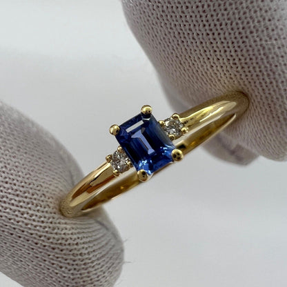 Delicate Ceylon Blue Emerald Cut Sapphire & Diamond Three Stone 18k Gold Ring