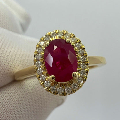 1.06 Carat Deep Red Ruby And Diamond Oval Cut 18k Yellow Gold Halo Cluster Ring