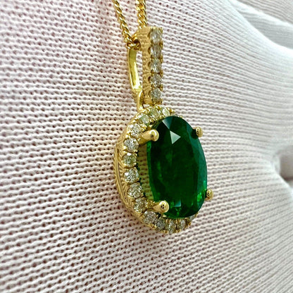 GIA Certified 1.26ct Fine Green Oval Cut Emerald & Diamond 18k Gold Halo Pendant