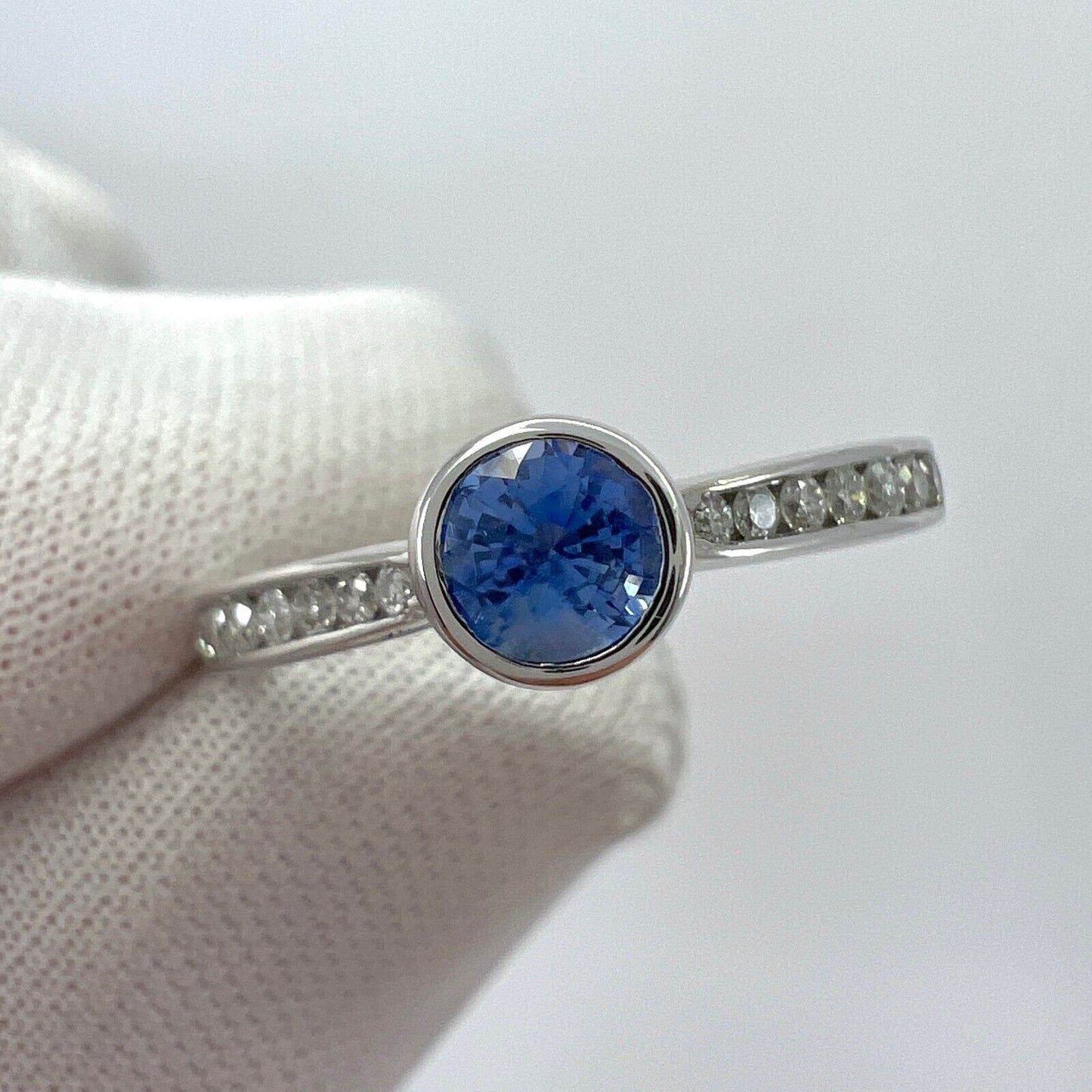 Fine Vivid Blue Round Cut Ceylon Sapphire Diamond White Gold Bezel Rubover Ring