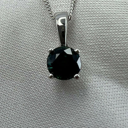 Deep Green Blue Sapphire Australian 5mm Round 18k White Gold Solitaire Pendant