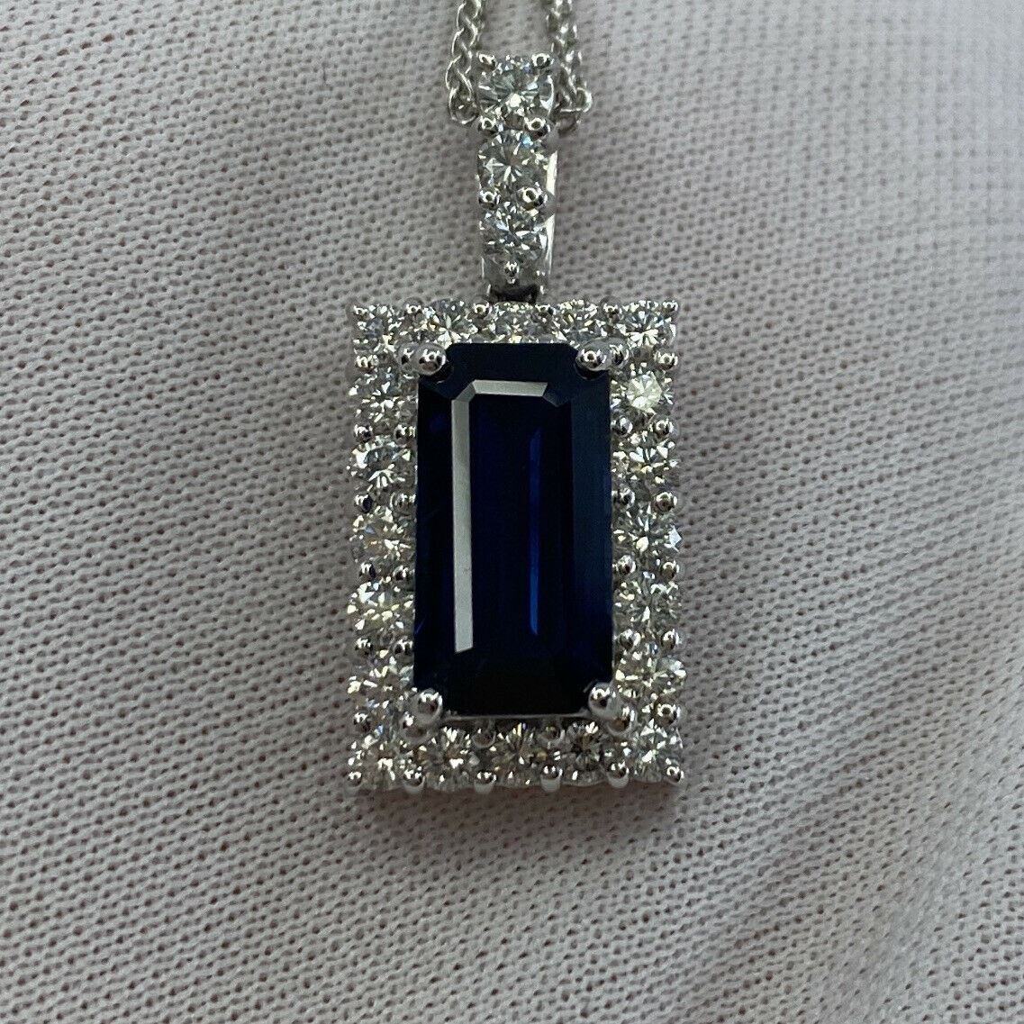 FINE 4.65ct Royal Blue Emerald Cut Sapphire & Diamond Rectangle Platinum Pendant