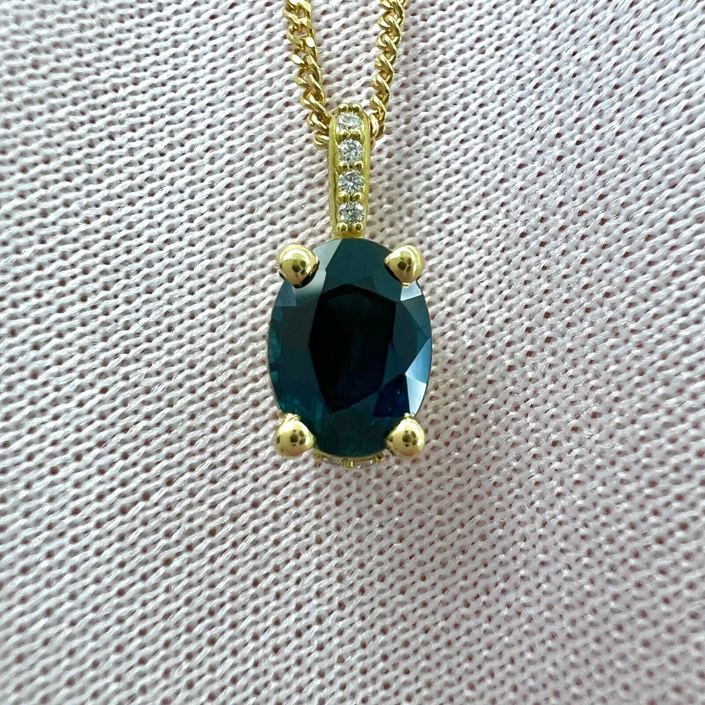 1 Carat Deep Blue Sapphire Diamond 18k Yellow Gold Hidden Halo Pendant Necklace