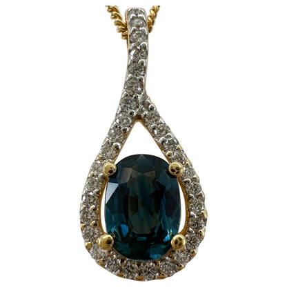 NATURAL 1.23ct Blue Sapphire & Diamond Crossover 18k Gold Oval Pendant Necklace