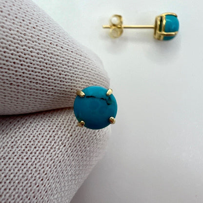 NATURAL Blue Turquoise 5mm Round Cabochon 9k Yellow Gold Stud Earrings 5mm