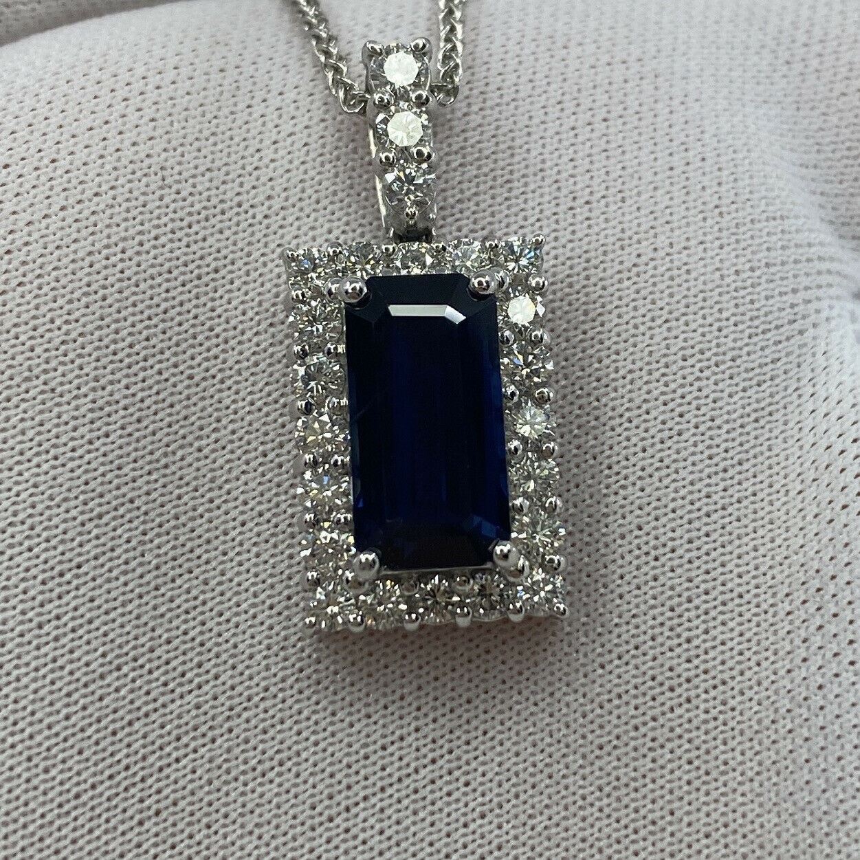 FINE 4.65ct Royal Blue Emerald Cut Sapphire & Diamond Rectangle Platinum Pendant