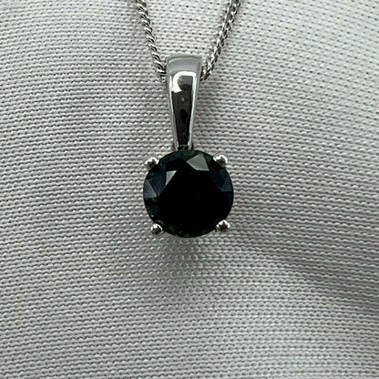 Deep Green Blue Sapphire Australian 5mm Round 18k White Gold Solitaire Pendant