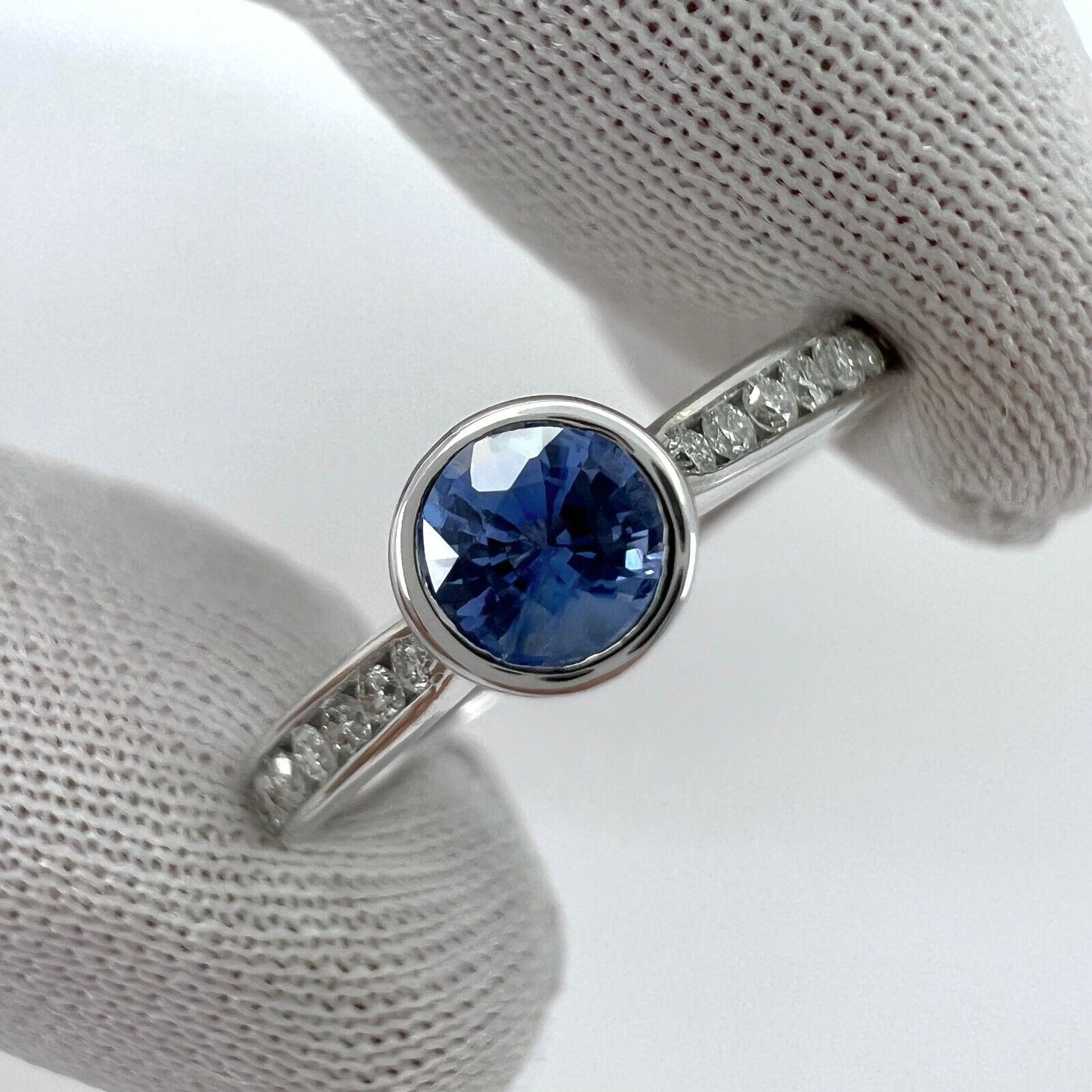 Fine Vivid Blue Round Cut Ceylon Sapphire Diamond White Gold Bezel Rubover Ring