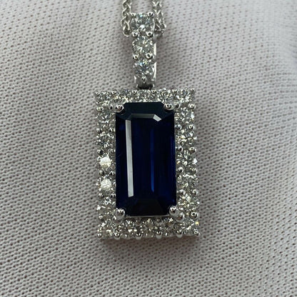 FINE 4.65ct Royal Blue Emerald Cut Sapphire & Diamond Rectangle Platinum Pendant