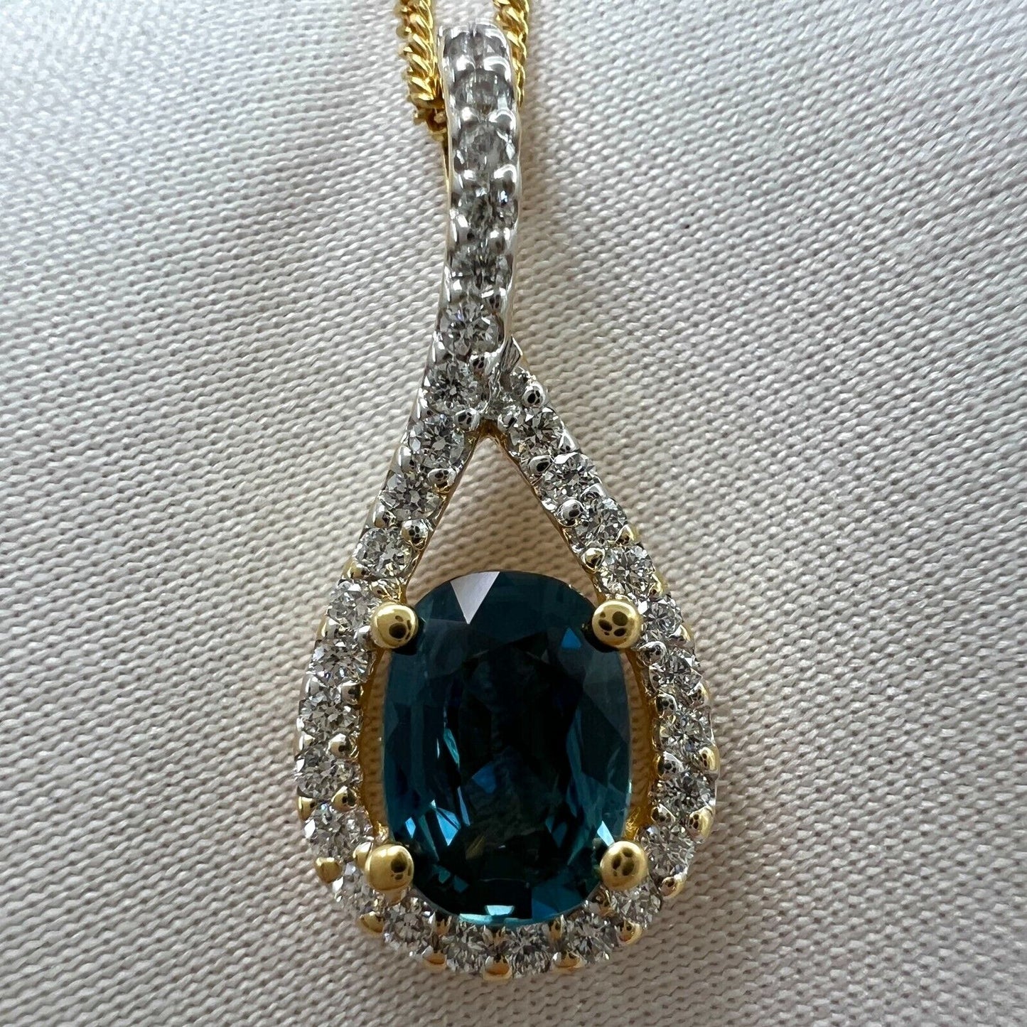 NATURAL 1.23ct Blue Sapphire & Diamond Crossover 18k Gold Oval Pendant Necklace