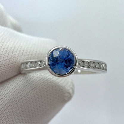 Fine Vivid Blue Round Cut Ceylon Sapphire Diamond White Gold Bezel Rubover Ring