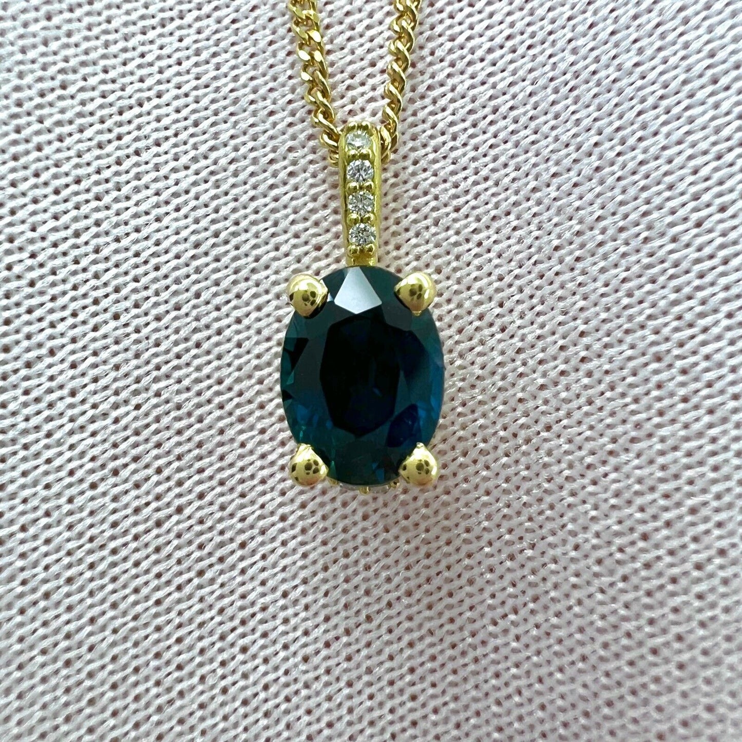 1 Carat Deep Blue Sapphire Diamond 18k Yellow Gold Hidden Halo Pendant Necklace