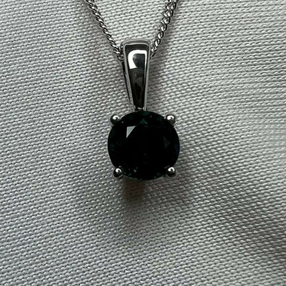 Deep Green Blue Sapphire Australian 5mm Round 18k White Gold Solitaire Pendant