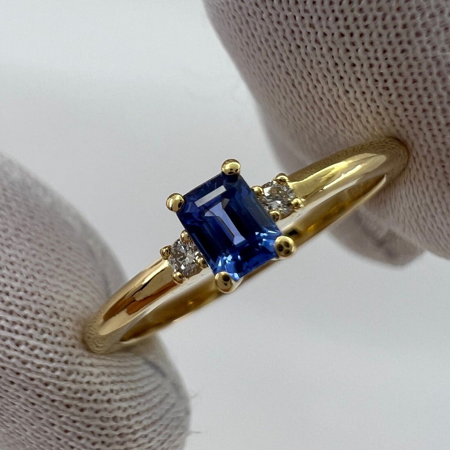 Delicate Ceylon Blue Emerald Cut Sapphire & Diamond Three Stone 18k Gold Ring