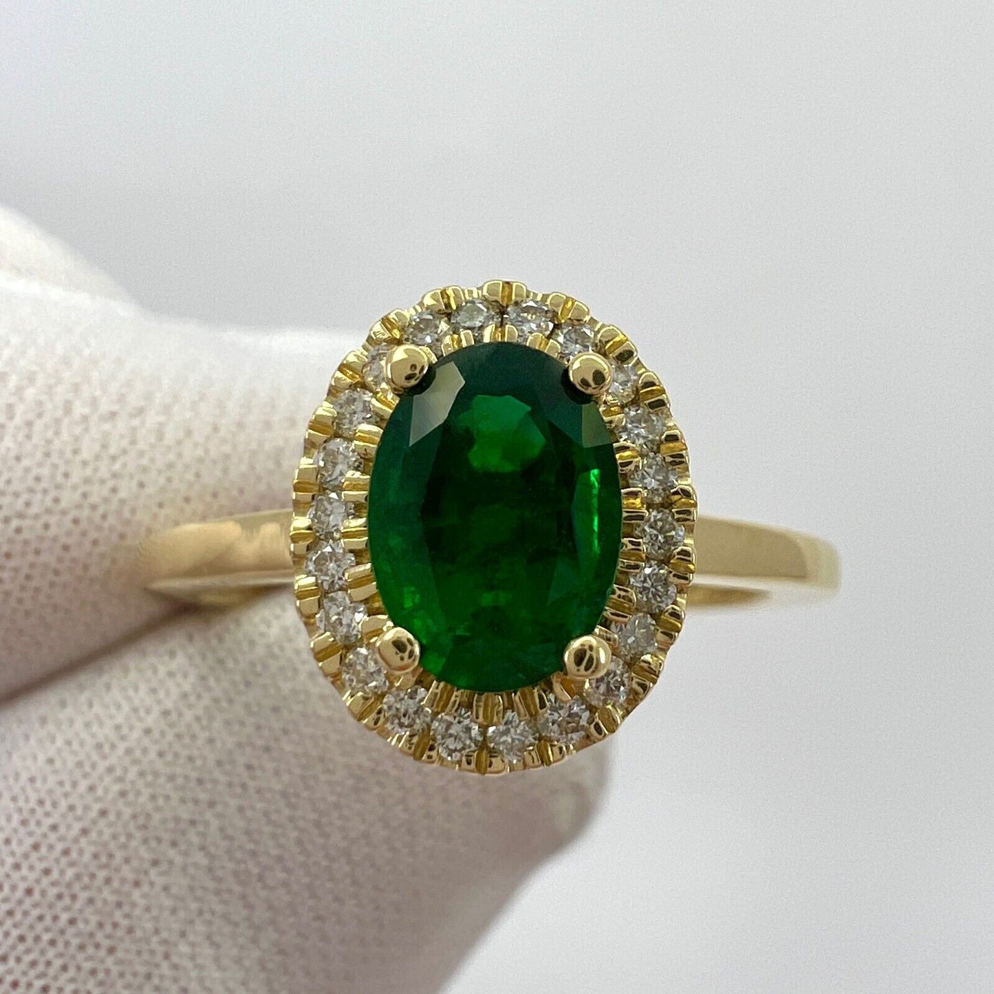 GIA Certified Deep Green Emerald And Diamond 18k Yellow Gold Cluster Halo Ring