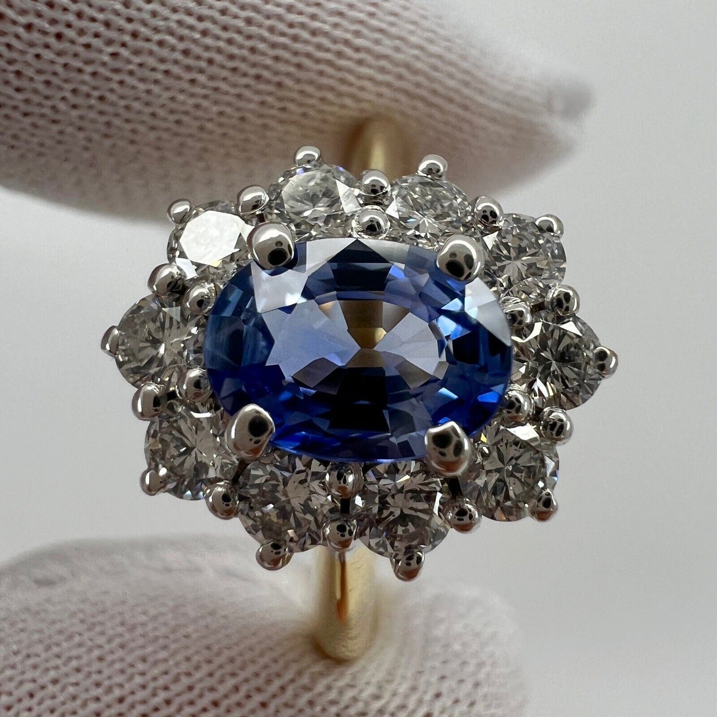 1.62ct Fine Vivid Blue Ceylon Sapphire & Diamond Cluster Cocktail 18k Gold Ring