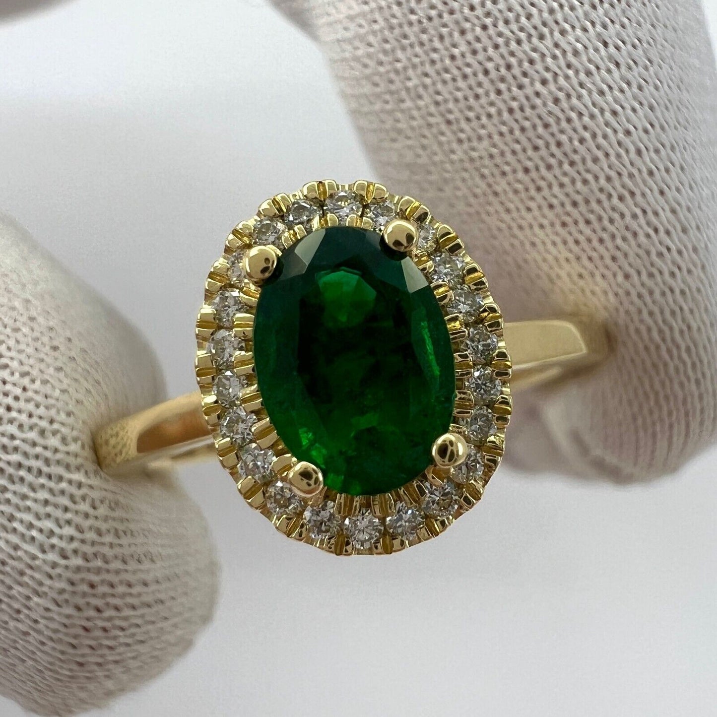 GIA Certified Deep Green Emerald And Diamond 18k Yellow Gold Cluster Halo Ring