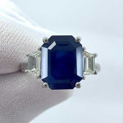 4 Carat Emerald Cut Ceylon Blue Sapphire & Diamond Platinum Three Stone Ring