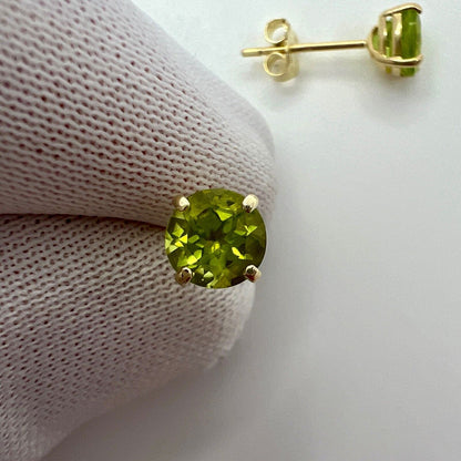 Natural Vivid Green Peridot 1.00ct Yellow Gold 9k Round Cut 5mm Stud Earrings