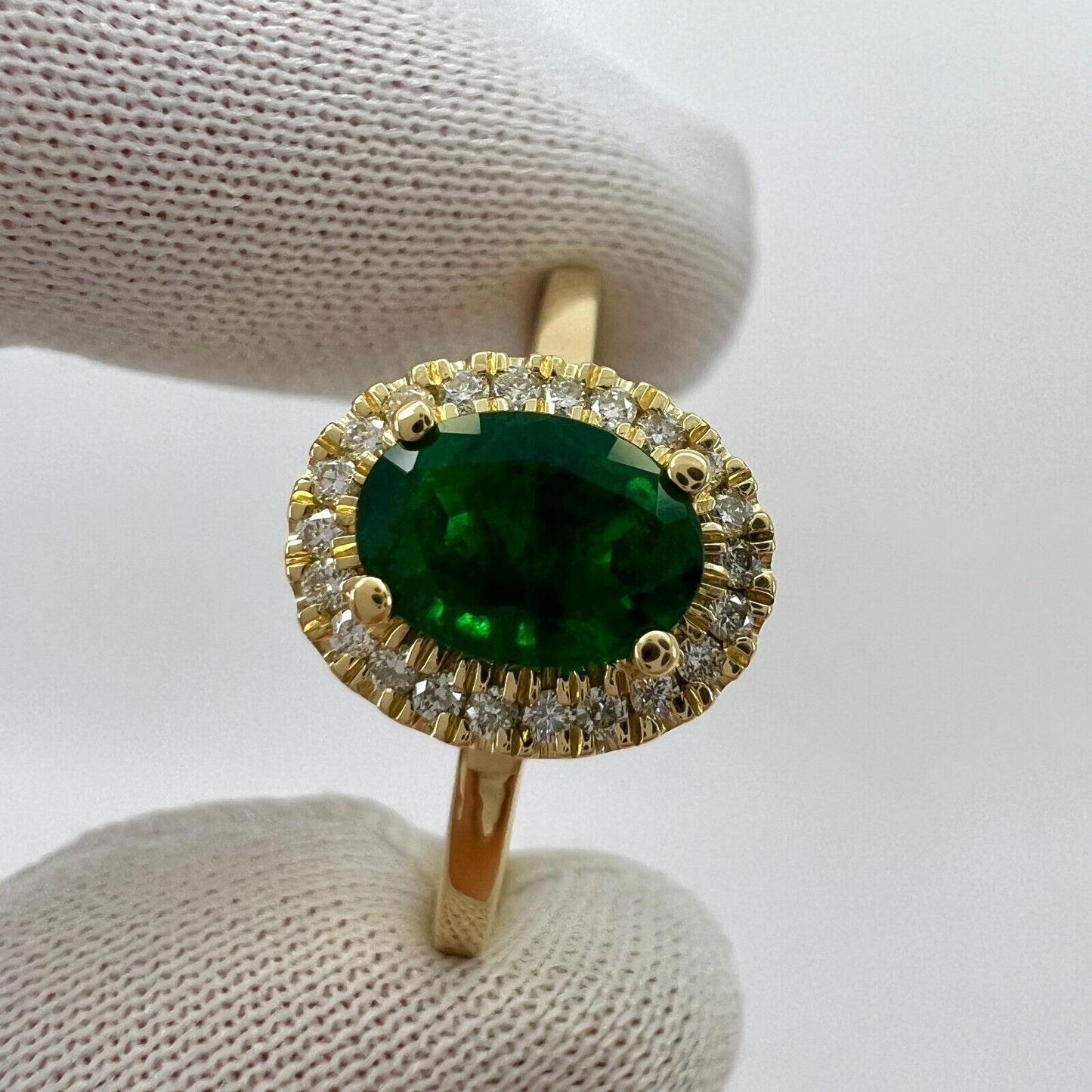 GIA Certified Deep Green Emerald And Diamond 18k Yellow Gold Cluster Halo Ring